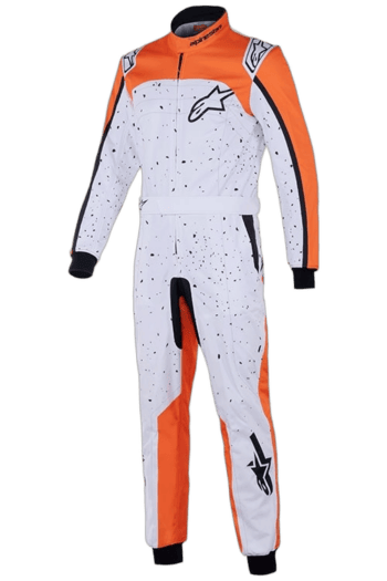 Grand Prix Racewear racing suit in white, orange, and black with Alpinestars logo, designed for motorsport safety and performance.