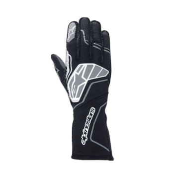 Black and white Alpinestars racing glove with protective padding, designed for motorsport safety and performance.