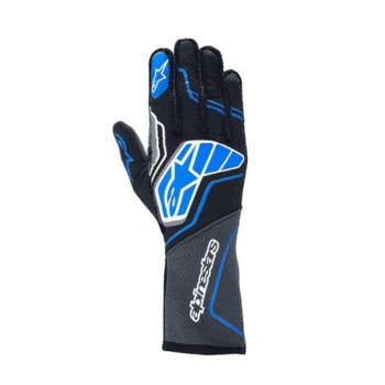 High-performance Alpinestars racing glove with black, blue, and white design, ideal for motorsport safety and grip.
