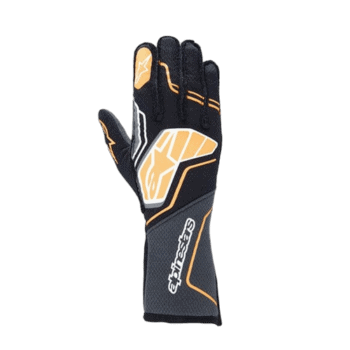 High-performance Alpinestars racing glove designed for motorsport safety and grip, featuring black, white, and orange accents for optimal racing gear.