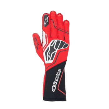 Red and black Alpinestars racing glove with protective padding and logo, designed for motorsport safety and performance.