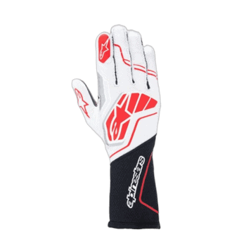 Alpinestars racing glove designed for motorsport, featuring white, red, and black colours with protective padding and grip areas.