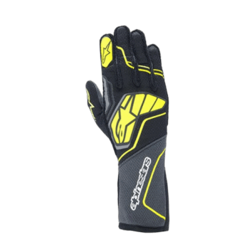 Black and yellow racing glove from Grand Prix Racewear with protective padding and grip features.