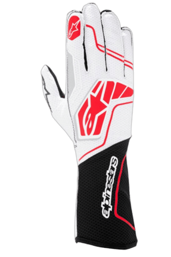 Alpinestars GP Racewear racing glove in white, red, and black with logo details, designed for motorsport enthusiasts and professional racers.
