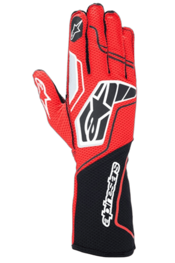 Red and black Alpinestars Grand Prix Racewear racing glove with protective padding and grip features.