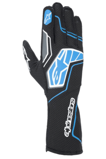 Alpinestars Grand Prix Racewear racing glove with black, blue, and white design, featuring protective padding and grip for motorsport drivers.