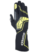 Black and yellow Alpinestars racing glove designed for motorsport, featuring protective padding and grip-enhancing materials.