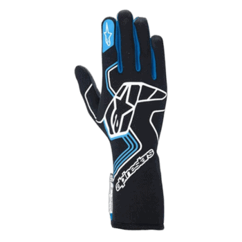Alpinestars racing glove designed for motorsport, featuring black, blue, and white colours with protective padding and grip enhancements.