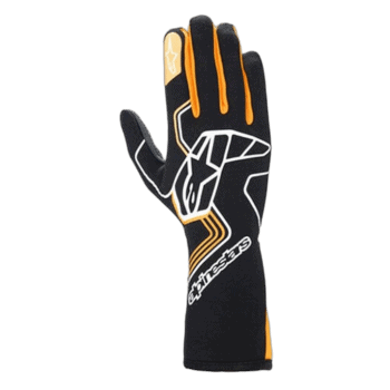 Black and orange Grand Prix Racewear racing glove with protective padding and grip features for motorsport enthusiasts.