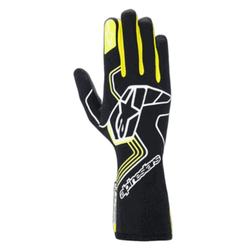 Black and yellow racing glove from Grand Prix Racewear with protective padding and grip features for motorsport enthusiasts.