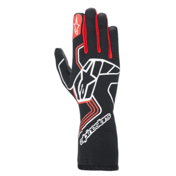 Alpinestars racing glove designed for motorsport, featuring black, red, and white colours with protective padding and grip enhancements.