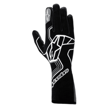 Black racing glove with white and grey detailing from Grand Prix Racewear, designed for motorsport safety and performance.