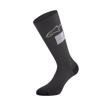 Black racing sock with Alpinestars logo, designed for motorsport safety and comfort.