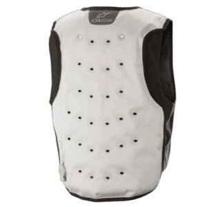 Alpinestars racing vest designed for motorsport safety and protection, featuring a white and black colour scheme with multiple ventilation holes.