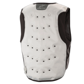 Alpinestars racing vest designed for motorsport safety and protection, featuring a white and black colour scheme with multiple ventilation holes.