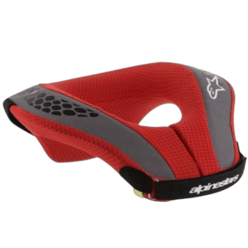 Red and grey Alpinestars racing neck collar for motorsport safety and comfort, featuring breathable mesh and adjustable strap.