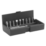 Set of nine high-performance screwdriver bits with a bit holder in a grey plastic case for precision work.