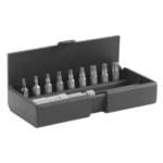 Set of 9 high-performance bits with bit holder in a black plastic case, suitable for precision tasks.