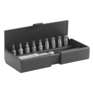Set of 9 high-performance bits with bit holder in a black plastic case, suitable for precision tasks.