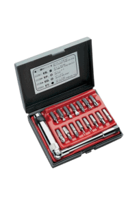Facom bits set with bit adaptor in a black case, featuring various screwdriver bits and a ratchet handle for versatile use.