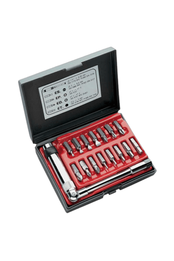 Facom bits set with bit adaptor in a black case, featuring various screwdriver bits and a ratchet handle for versatile use.