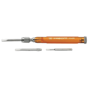 Facom AMR multiblade screwdriver with two interchangeable blades on a black background.