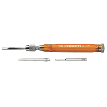 Facom AMR multiblade screwdriver with two interchangeable blades on a black background.