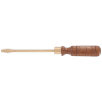 Non-sparking screwdriver with wooden handle and flat blade, ideal for hazardous environments.