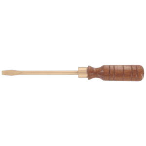 Non-sparking screwdriver with wooden handle and flat blade, ideal for hazardous environments.
