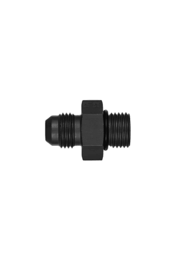 Close-up of a black racing fuel fitting with threaded ends and a central hex nut, used in Grand Prix racewear for secure fuel connections.