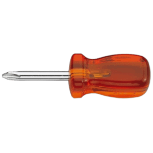 Phillips screwdriver with short blade and orange handle, ideal for precision screwdriving tasks.