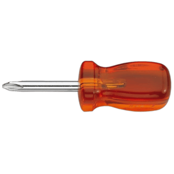 Phillips screwdriver with short blade and orange handle, ideal for precision screwdriving tasks.