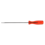 Flat-head screwdriver with a red handle and a long metal shaft for precision screwdriving tasks.