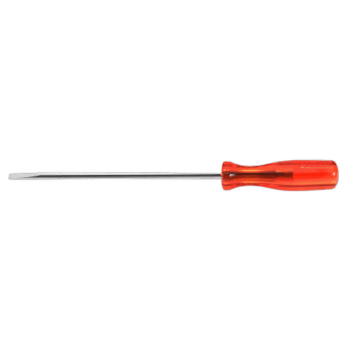 Flat-head screwdriver with a red handle and a long metal shaft for precision screwdriving tasks.