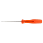Precision screwdriver with an orange handle and a long, slim metal shaft for detailed work.