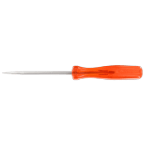 Precision screwdriver with an orange handle and a long, slim metal shaft for detailed work.