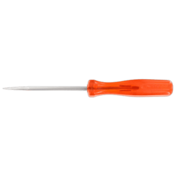 Precision screwdriver with an orange handle and a long, slim metal shaft for detailed work.