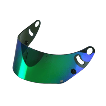 High-quality racing helmet visor with reflective, iridescent finish for Grand Prix racewear.