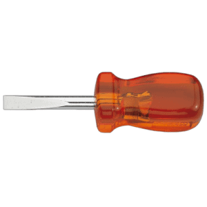 Flat-head screwdriver with orange handle and metal blade for slotted-head screws.