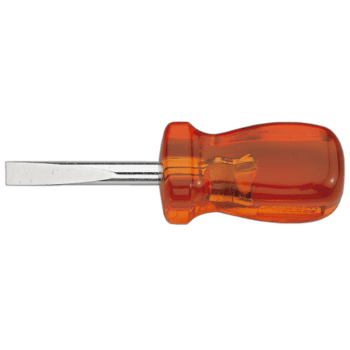Flat-head screwdriver with orange handle and metal blade for slotted-head screws.
