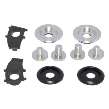 Set of racing car parts including metal washers, screws, rubber washers, and plastic clips for Grand Prix Racewear.