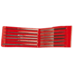 Set of 12 precision needle files in a red plastic case, ideal for detailed metalwork and finishing tasks.