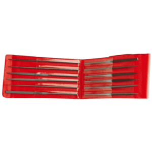 Set of 12 precision needle files in a red plastic case, ideal for detailed metalwork and finishing tasks.