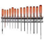 Set of precision screwdrivers with orange handles mounted on a metal rack, ideal for automotive and mechanical repairs.
