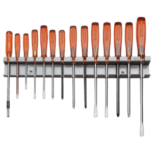 Set of precision screwdrivers with orange handles mounted on a metal rack, ideal for automotive and mechanical repairs.