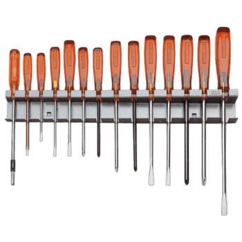 Set of precision screwdrivers with orange handles mounted on a metal rack, ideal for automotive and mechanical repairs.