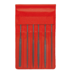 Set of six precision needle files in a red carrying case, ideal for detailed metalwork and finishing tasks.