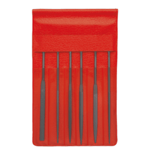 Set of six precision needle files in a red carrying case, ideal for detailed metalwork and finishing tasks.