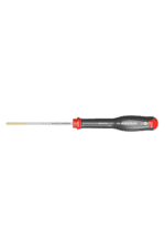 Precision screwdriver with black and red handle and a long metal shaft, ideal for detailed mechanical work.