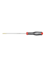 Precision screwdriver with a black and red handle and a long, slim metal shaft, ideal for detailed mechanical work.